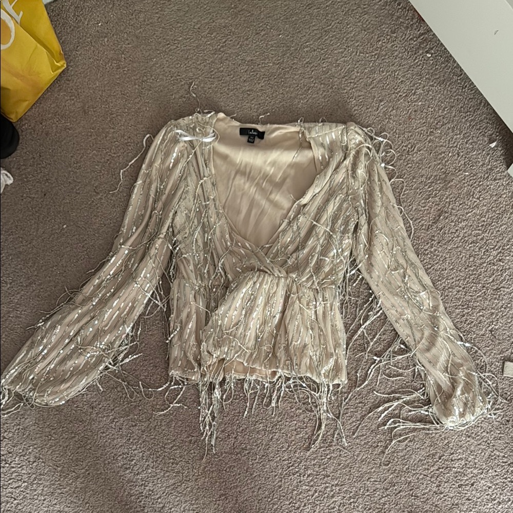 Lulu's Tan Cream Embellished Wrap Blouse